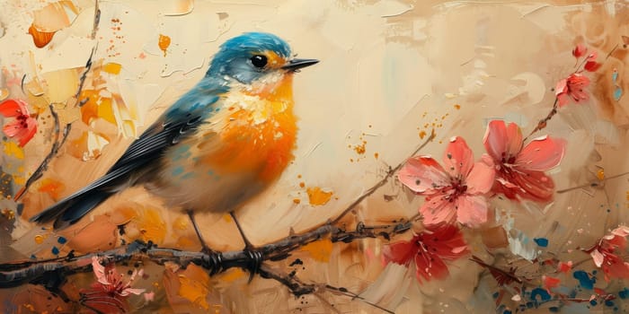 Little beautiful bird with hand draw and paint color background illustration.