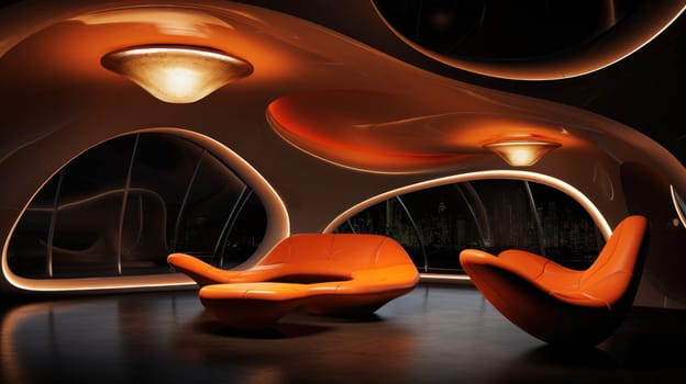 A futuristic lounge area with orange chairs and a large light