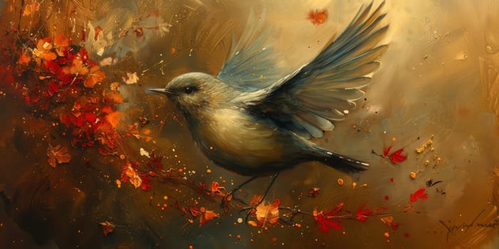 Little beautiful bird with hand draw and paint color background illustration.