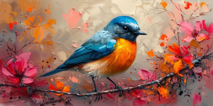 Little beautiful bird with hand draw and paint color background illustration.