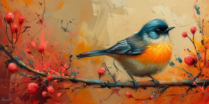 Little beautiful bird with hand draw and paint color background illustration.