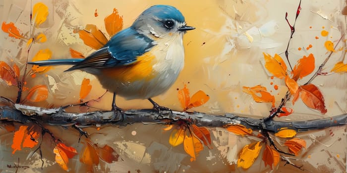 Little beautiful bird with hand draw and paint color background illustration.