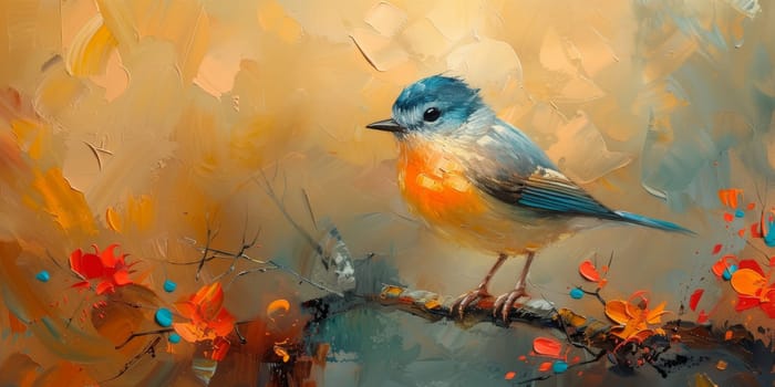 Little beautiful bird with hand draw and paint color background illustration.