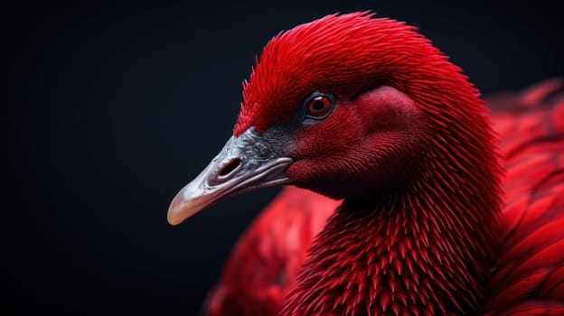 A close up of a red bird with black background