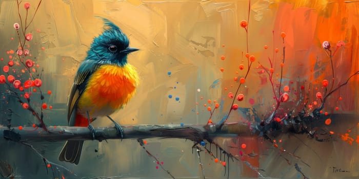 Little beautiful bird with hand draw and paint color background illustration.