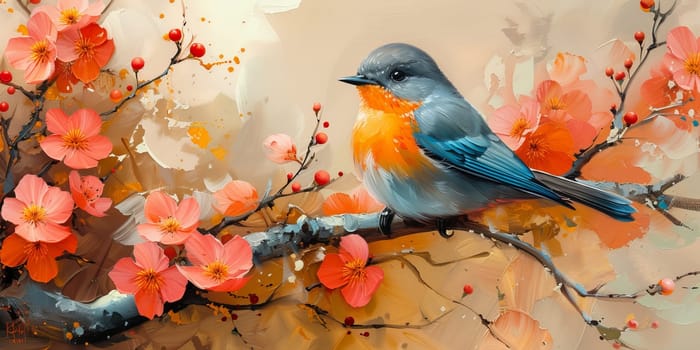 Little beautiful bird with hand draw and paint color background illustration.