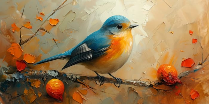 Little beautiful bird with hand draw and paint color background illustration.