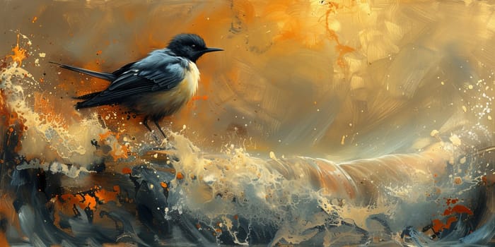 Little beautiful bird with hand draw and paint color background illustration.