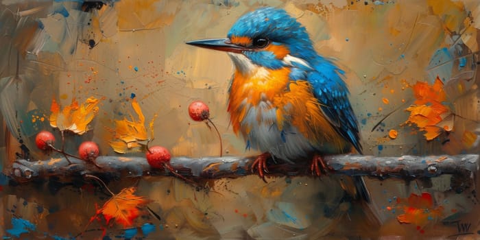 Little beautiful bird with hand draw and paint color background illustration.