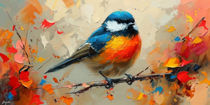 Little beautiful bird with hand draw and paint color background illustration.