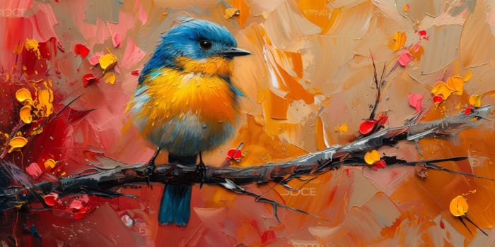 Little beautiful bird with hand draw and paint color background illustration.