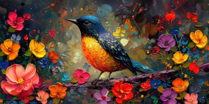 Little beautiful bird with hand draw and paint color background illustration.