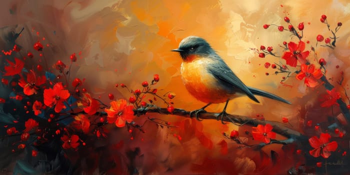 Little beautiful bird with hand draw and paint color background illustration.