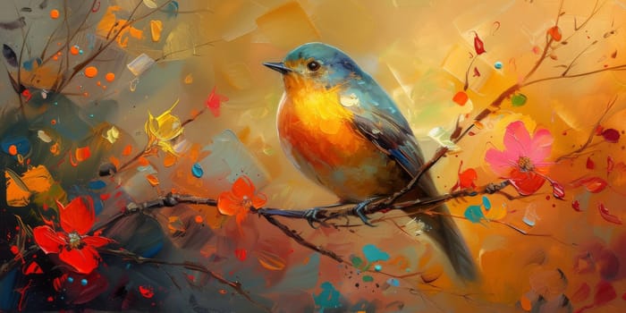 Little beautiful bird with hand draw and paint color background illustration.