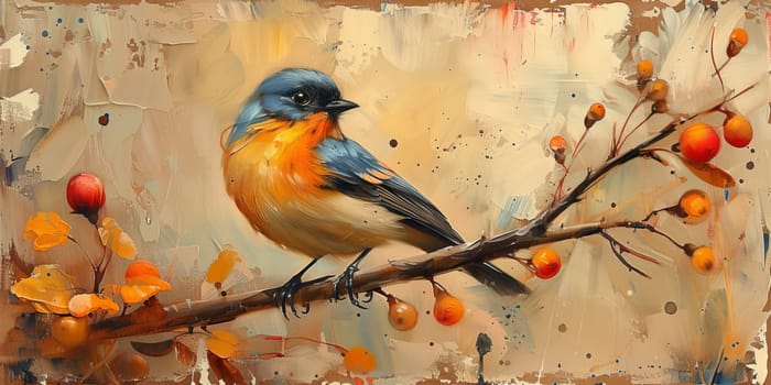 Little beautiful bird with hand draw and paint color background illustration.