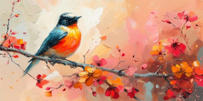 Little beautiful bird with hand draw and paint color background illustration.