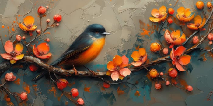 Little beautiful bird with hand draw and paint color background illustration.