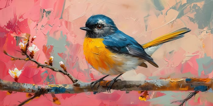 Little beautiful bird with hand draw and paint color background illustration.