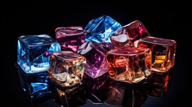 A group of colorful ice cubes are sitting on a black surface