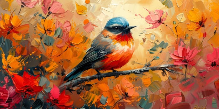 Little beautiful bird with hand draw and paint color background illustration.