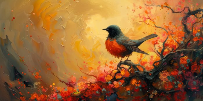 Little beautiful bird with hand draw and paint color background illustration.