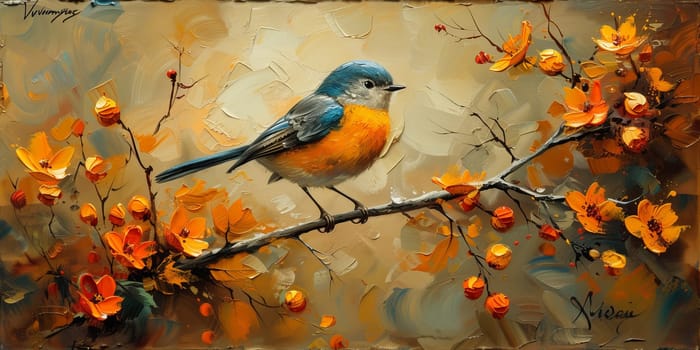 Little beautiful bird with hand draw and paint color background illustration.