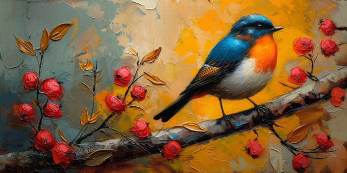 Little beautiful bird with hand draw and paint color background illustration.