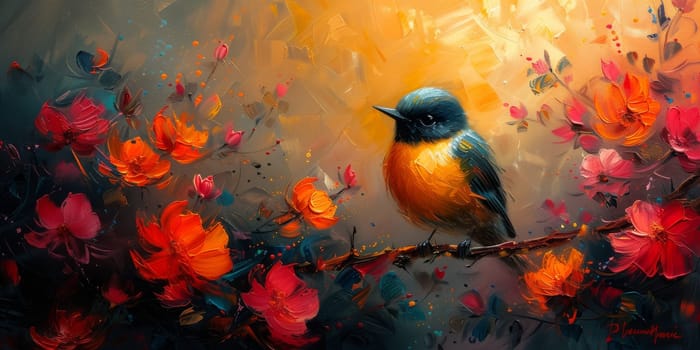 Little beautiful bird with hand draw and paint color background illustration.