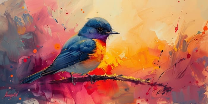 Little beautiful bird with hand draw and paint color background illustration.