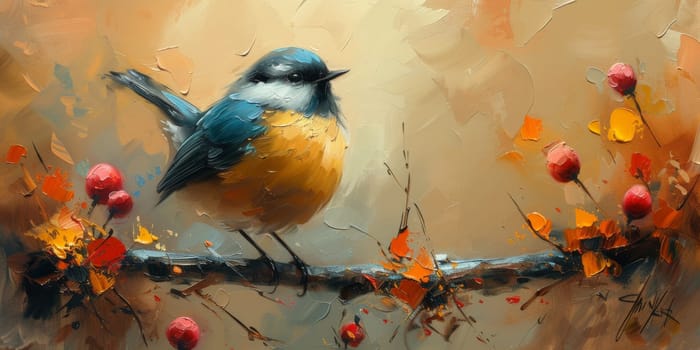 Little beautiful bird with hand draw and paint color background illustration.