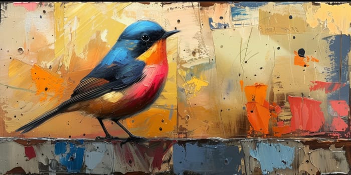 Little beautiful bird with hand draw and paint color background illustration.