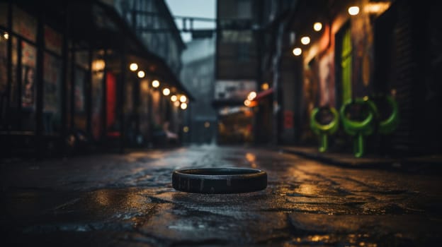 A black ring is sitting on the ground in a city street