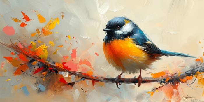 Little beautiful bird with hand draw and paint color background illustration.