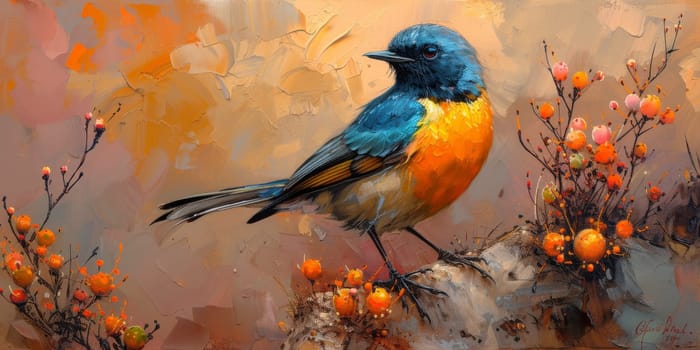 Little beautiful bird with hand draw and paint color background illustration.