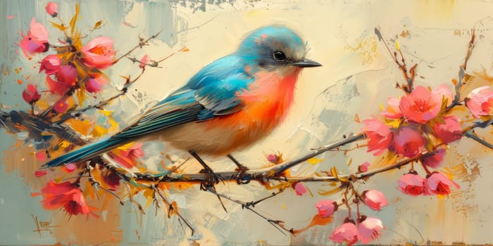 Little beautiful bird with hand draw and paint color background illustration.
