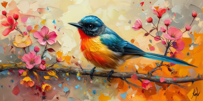 Little beautiful bird with hand draw and paint color background illustration.