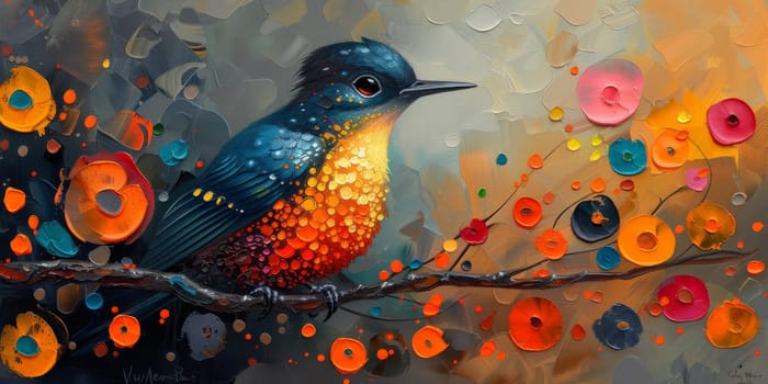 Little beautiful bird with hand draw and paint color background illustration.