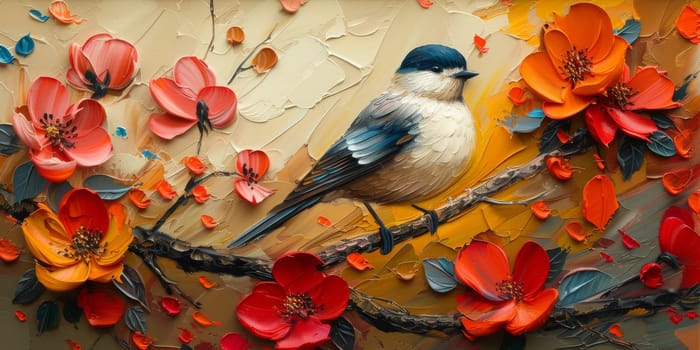 Little beautiful bird with hand draw and paint color background illustration.