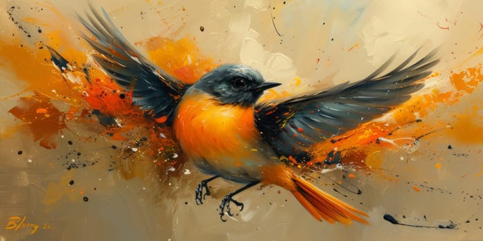 Little beautiful bird with hand draw and paint color background illustration.