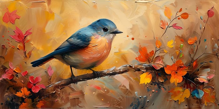 Little beautiful bird with hand draw and paint color background illustration.