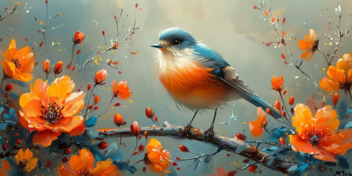 Little beautiful bird with hand draw and paint color background illustration.