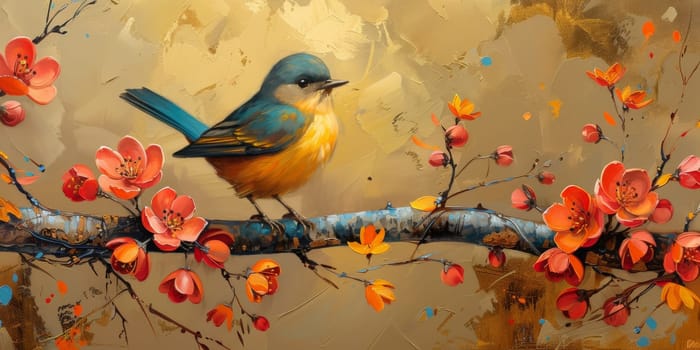 Little beautiful bird with hand draw and paint color background illustration.