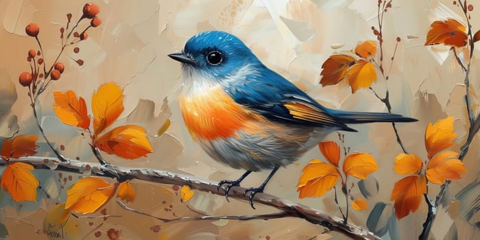 Little beautiful bird with hand draw and paint color background illustration.