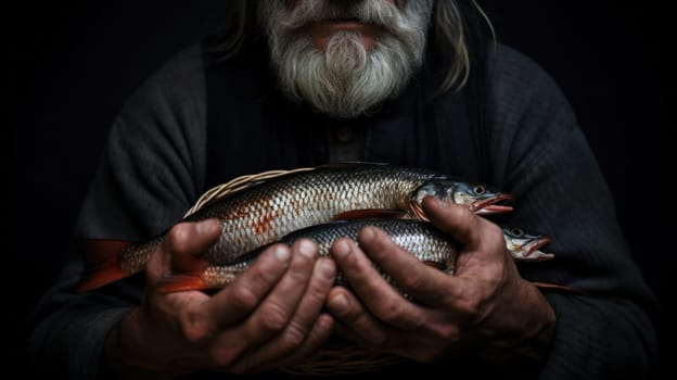 A man with a beard holding two fish in his hands