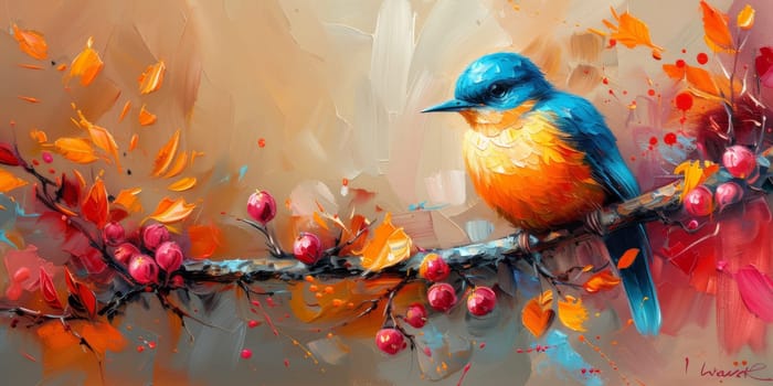 Little beautiful bird with hand draw and paint color background illustration.