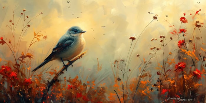 Little beautiful bird with hand draw and paint color background illustration.