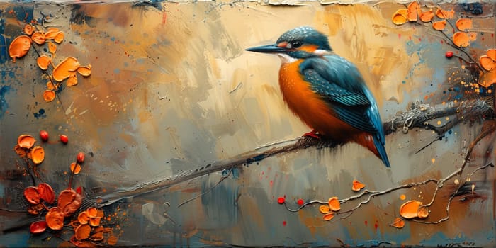 Little beautiful bird with hand draw and paint color background illustration.