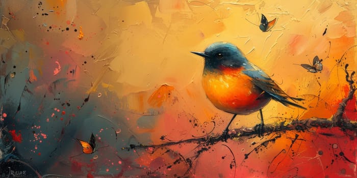 Little beautiful bird with hand draw and paint color background illustration.