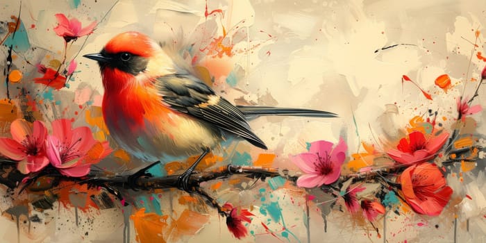 Little beautiful bird with hand draw and paint color background illustration.