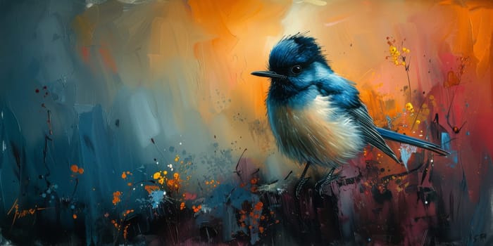 Little beautiful bird with hand draw and paint color background illustration.